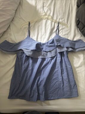 Away Blue and White Striped Ruffle Off-Shoulder Camisole